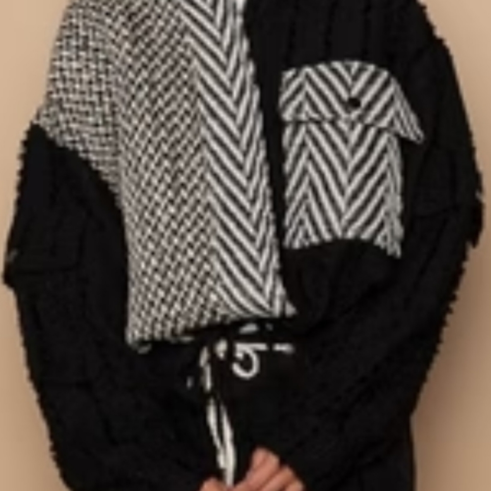 POL Tweed Herringbone Mixed Hoodie Jacket, EUC (Once), S, Black/Ivory, Zip/Snap